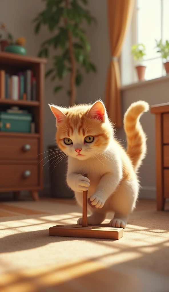 A scene of a cat cleaning a room. The cat is using a small broom to sweep the floor, and its expression is one of intense concentration. The room is tidy, with furniture and items neatly organized. The background shows a well-maintained space, highlighting the cat’s attention to detail. The cat’s tail is held high, suggesting a sense of accomplishment.