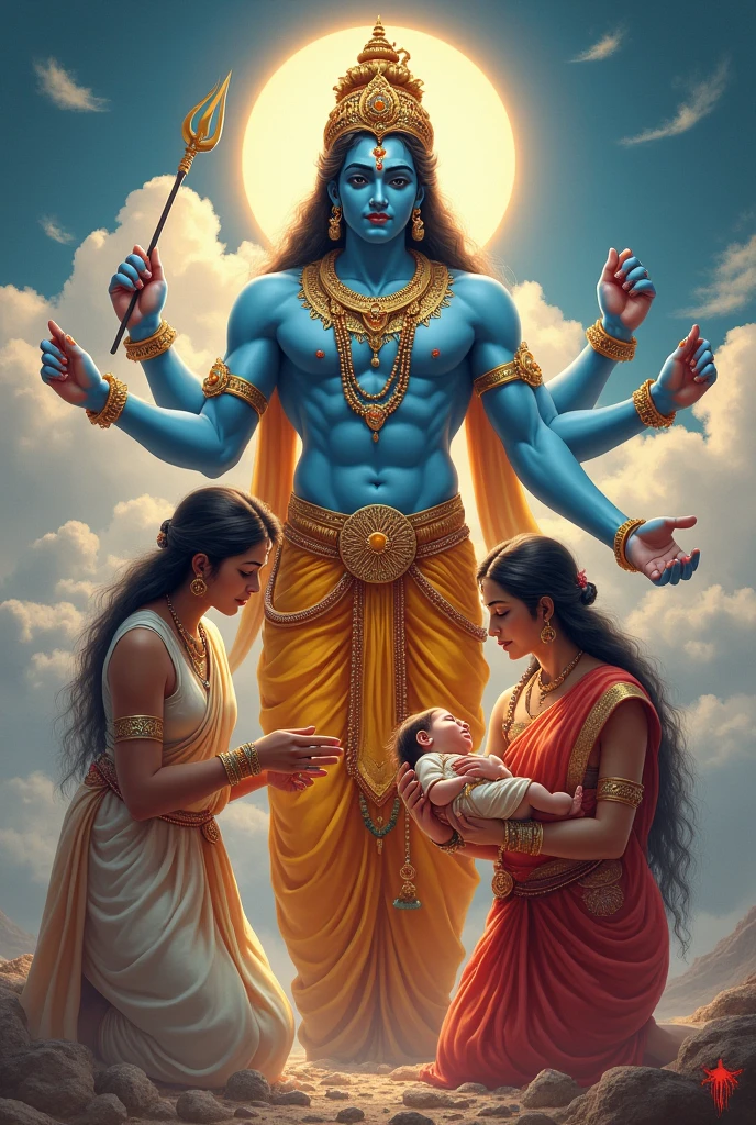 Lord Vishnu is blessing with his hands the newly born son of Devaki and father Vasudev