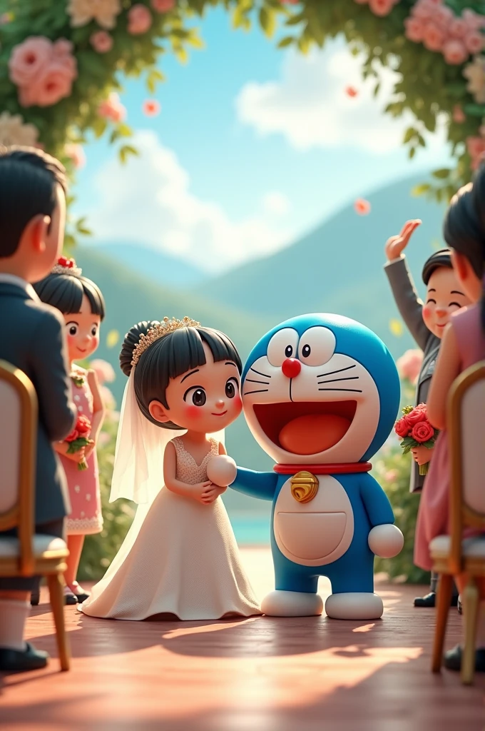 Doraemon with a beautiful coat wedding with Michan and all the friends behind in causual guest dresses with realistic 21st century wedding decoration