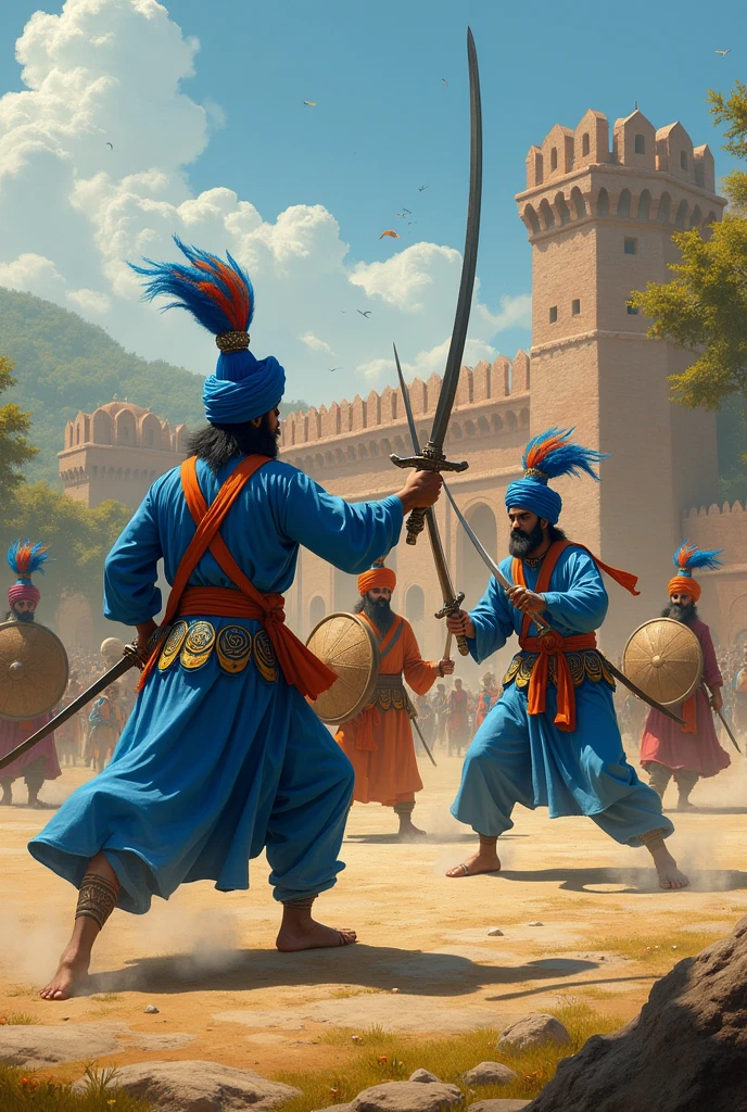 A vibrant and energetic scene depicting members of the Tarna Dal, a traditional Sikh warrior group. The group is shown in a historical setting, practicing Gatka, a traditional Sikh martial art, in an open field. The warriors are dressed in traditional Nihang attire, with blue robes, tall turbans adorned with steel quoits (chakrams), and carrying swords and shields. The scene is filled with dynamic movement, with the warriors demonstrating skillful techniques against a backdrop of ancient fort walls and lush greenery. The atmosphere is charged with a sense of honor, discipline, and the rich heritage of Sikh martial traditions