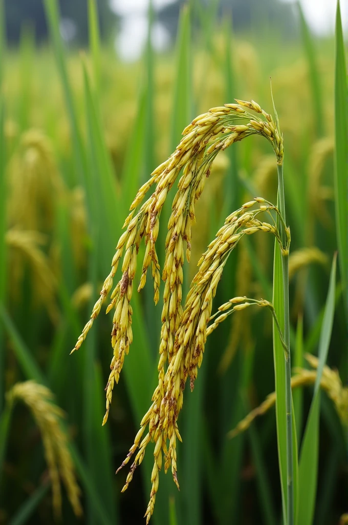 Potassium deficiency in rice plants shows as yellowing and browning of older leaves, especially at the edges and tips. The leaves may curl, and plants often exhibit stunted growth. Adding potassium-rich fertilizers can help correct the issue.