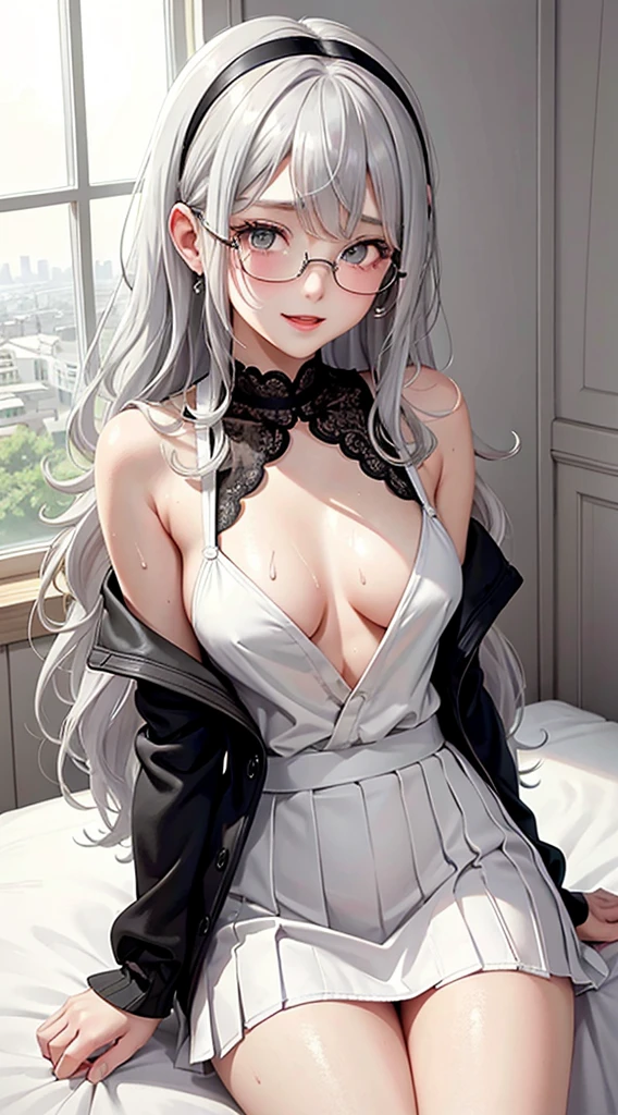 1Girl, Solo, Anime, Ideal body, down blouse, laced blouse, oversize, loose. (Small breast:1.1), (Hard nipples:1.1). Beautiful, Gorgeous, Fresh, Blunt Bangs, (White Grey Hair:1.5),(Straight and Wavy Long Hair:1.3), Jacket, camisole, casual, eyeglasses, mini skirt, stocking, Comfort, cotton Texture. (Sideway sitting:1.3). Earrings, Thin Black Headband, Green Accessories, Environmental Details, Bed Room, Natural Light, Modern Bed, Chair, Window, White Curtain, City View. pov, anime style, UHD, retina, masterpiece, accurate, anatomically correct, textured skin. High Resolution, Looking at the viewer, Blush, Best Quality, Award Winning, Accurate, Embarrassed, seductive smile, sweating, naughty smile, Naughty Face, Naughty, Gradient Eye Color, Sexy Pose. Cowboy Shot, open mouth, sweat, sticky sweat.