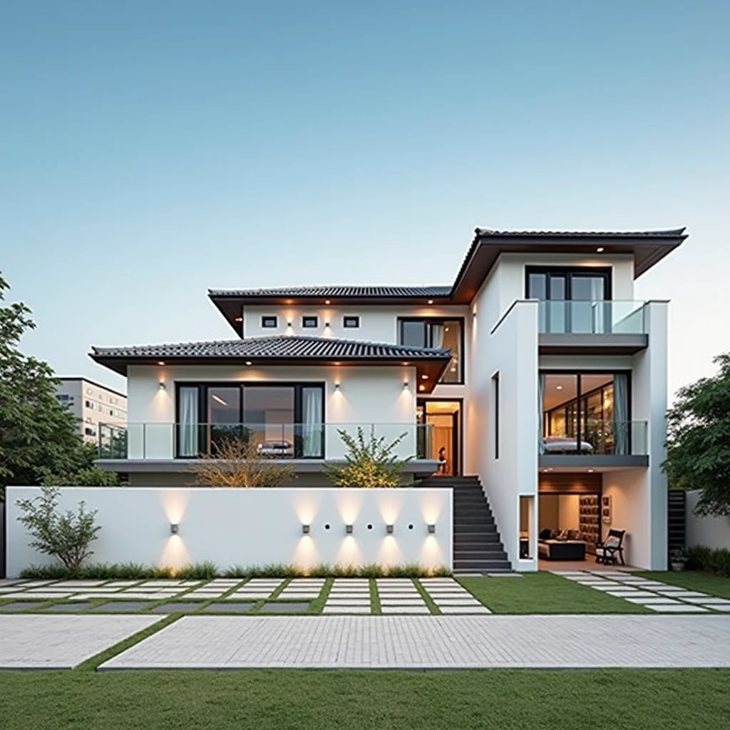 Semi-modern house, semi-buried, Japanese style, Three-storey house with illuminated terrace and beautiful classic garden, garden with many trees, tiled roof, toiture Japanese style, white colored walls