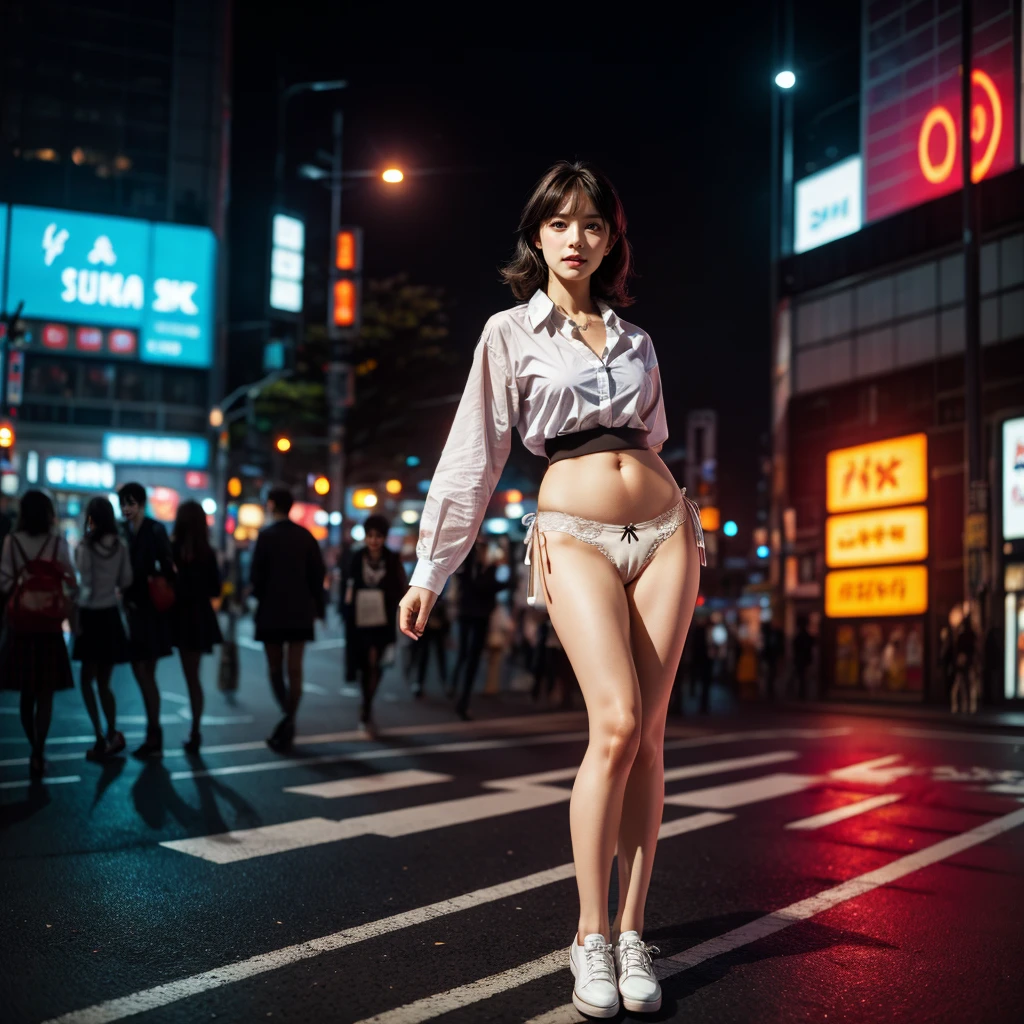 TopQuality 8K UltraDetailed Masterpiece(ProfessionalPHOTO:1.37), ExtremelyDetailed(Office Ladies), Gigantic Cleavage, Undressing ((pull down panties:1.28)) ((panty pull)) (wearing skirt:1.28), Dusk {((Shibuya Scramble Crossing)) | Large Screen | Unbuttoned White Shirt | Blood Stained (white panties) | Red Shoes}, (Acutance:0.8)(Luminism:1.2), Blurrd Colorful Lights, Starry Particles ,
