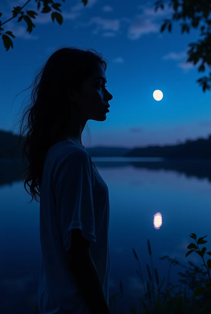 Silueta de noche de mirando de lado lago cristalino una adolescente de ojos morados , latina, cabello castaño oscuro, piel trigueña oscura
ultra-realistic high-quality image generation, bringing limitless possibilities to artistic creation, deep nature