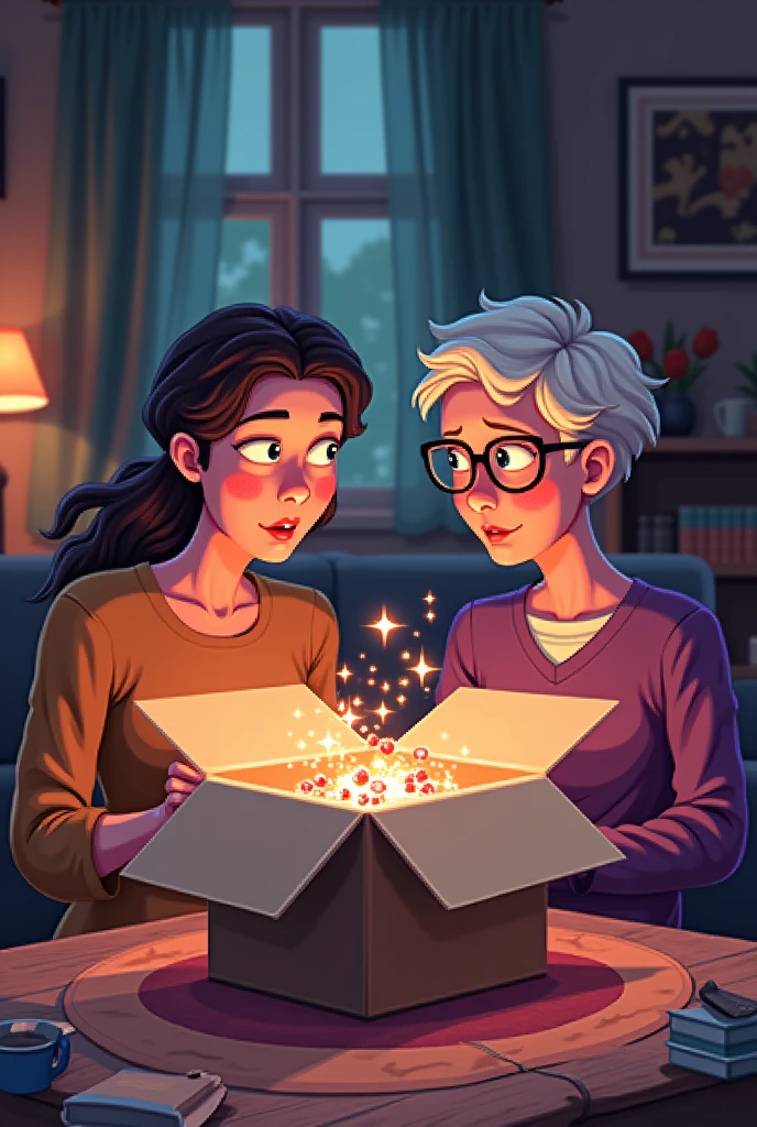 Create pixel image of mother and father in the middle age open the big mystery box inside the living room of the house and found a sparkle candy strawberry flavored inside. They both look at the mystery box with the curious face.