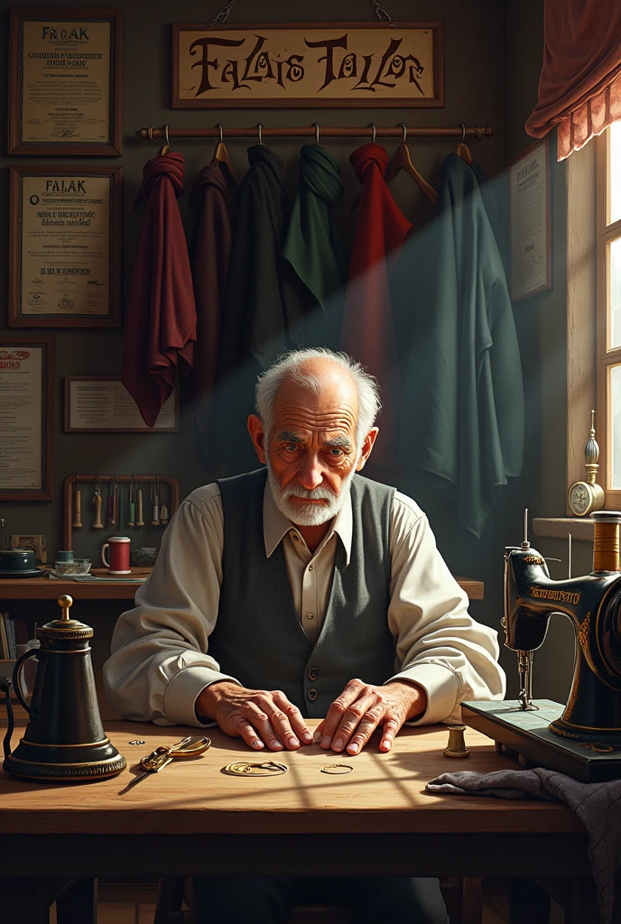 A tailor shop in that shop old age man is sitting and shop name is falak gents tailor
