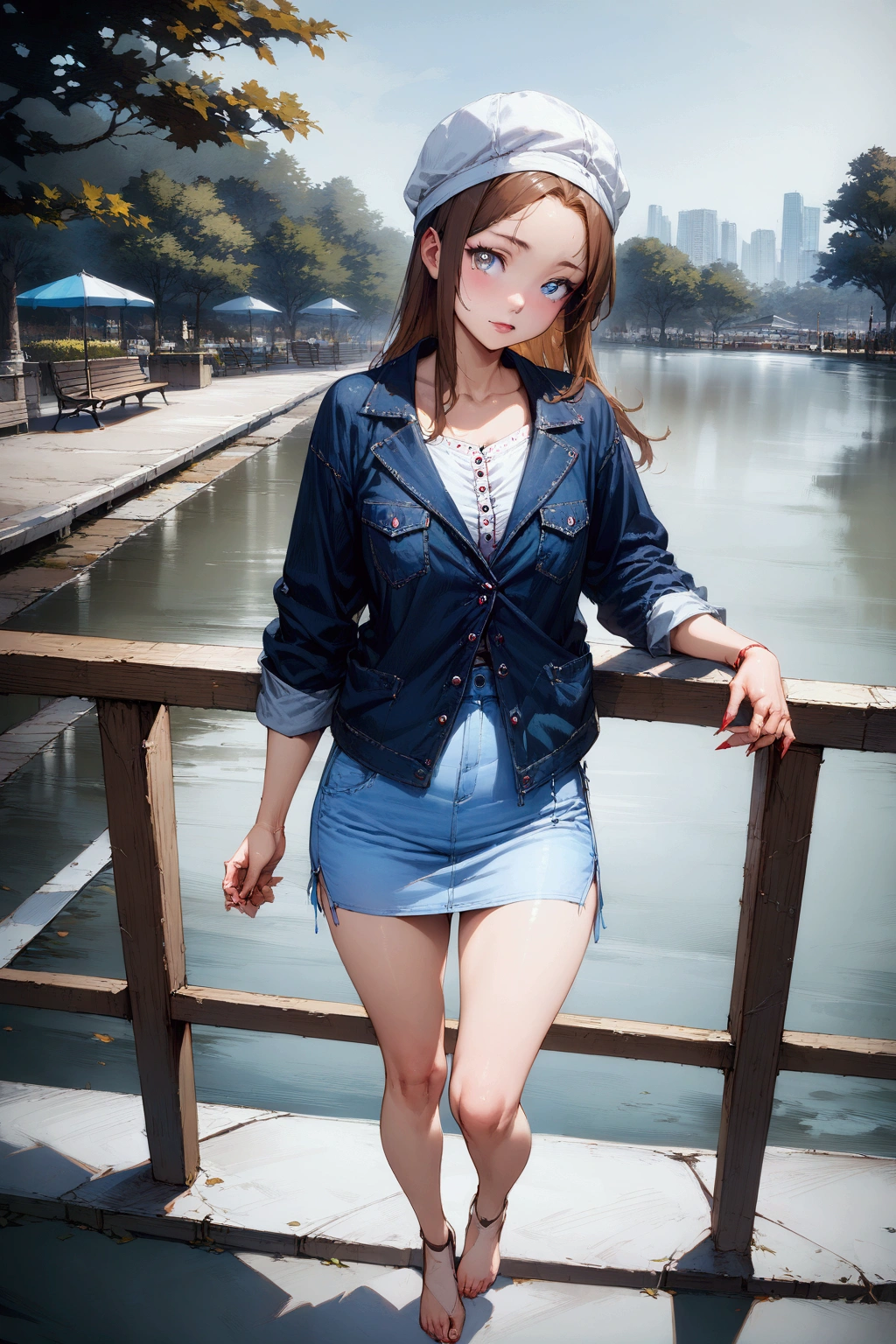 realistic anime illustration of pretty young girl is leaning against fench rail at lakeshore in public park, she has a brown hair (forehead, white cap), wearing navy-blue jacket, white t-shirt, light-blue denim pencil skirt, (1girl, solo, full body), (masterpiece, best quality, Japanese anime style), (expressive eyes, perfect face, perfect anatomy)