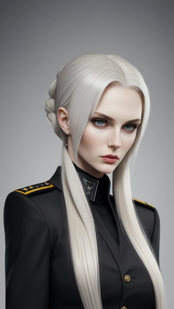 Tall and slender Russian beauty。2。Platinum blonde hair tied behind her head。Wearing jet black military uniform。