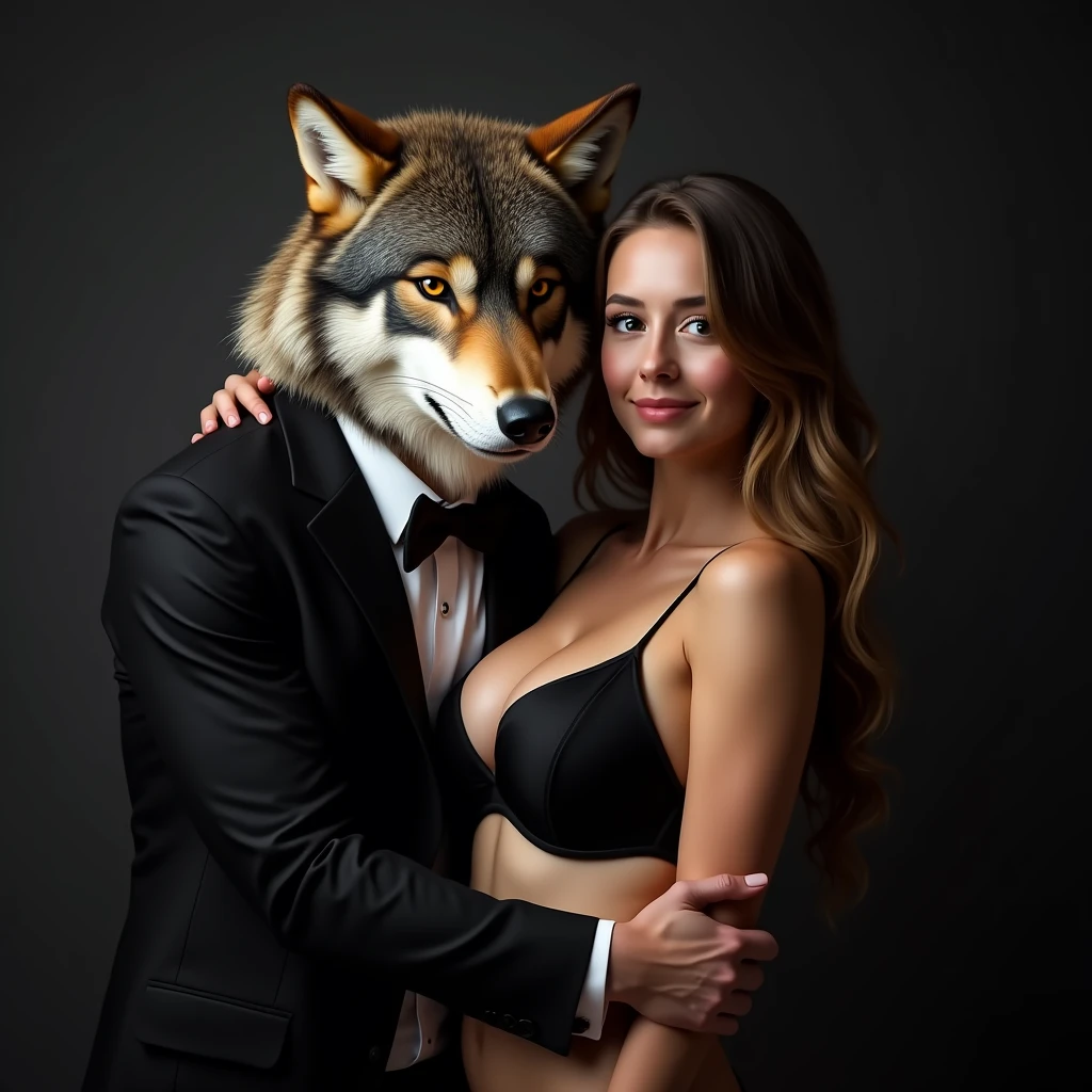 wolf dressed in a suit hugging a woman, with huge breasts, Nice smile, she in black lingerie, she looking at the camera, Photo studio, realist, ultra realist 