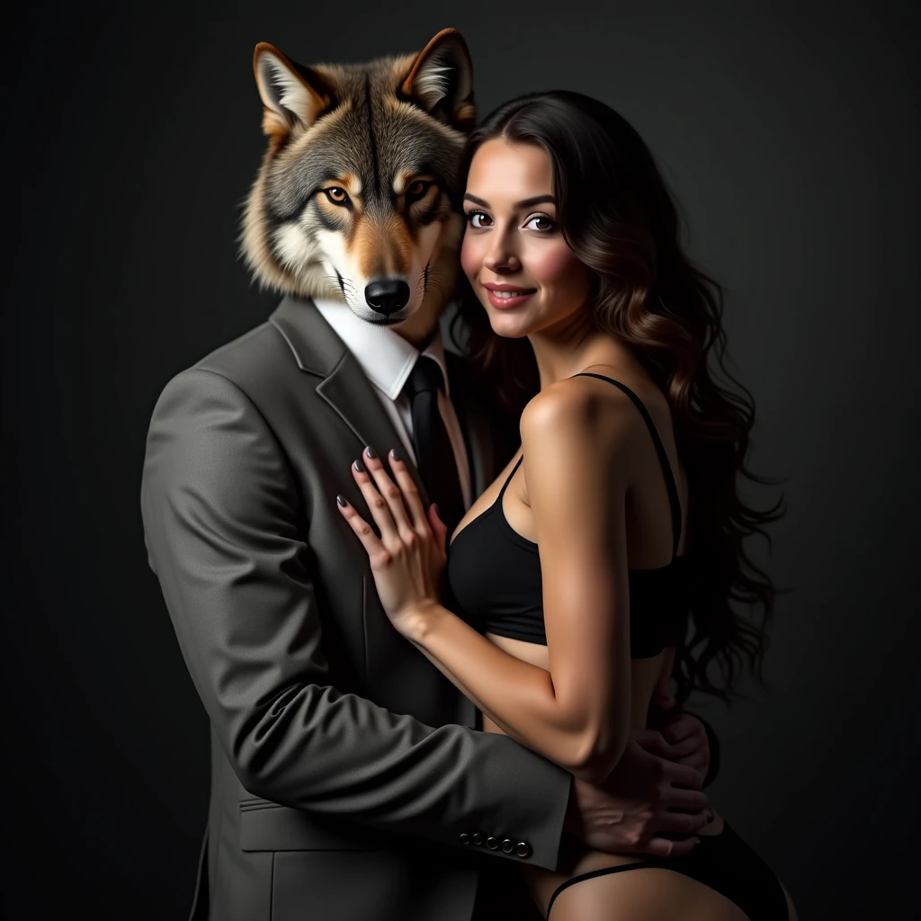 wolf dressed in a suit hugging a woman, with huge breasts, Nice smile, she in black lingerie, she looking at the camera, Photo studio, realist, ultra realist