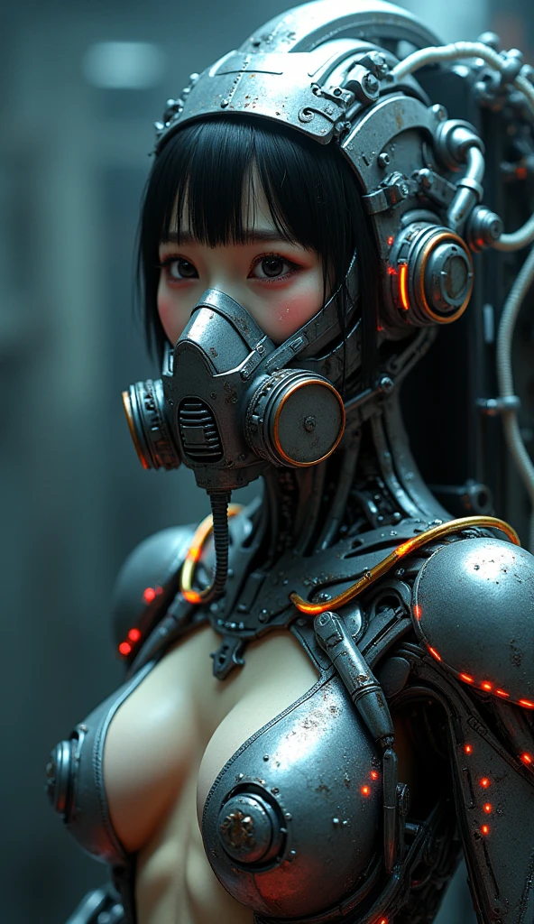 NFSW, photo-realistic, ultra-realistic, very beautiful Japanese, famous Japanese idol, (Her body is restrained in an automated body modification machine that transform her to the strongest war machine:1.5), latex BDSM, Vulgar, dramatic scene, masterpiece, beautiful eyes, (extremely intricated with extremely complex futuristic cyber punk mecha armored black latex full-face gas mask:1.5), (wearing extremely intricated with complex multi-layered cyber punk mecha bodysuits with neon markers:1.3), (The hose connected to the mask is connected to a vacuum pump for super powerful suction to transform her to the strongest war machine:1.4), (crying), huge breasts, (Her body was automatically modified despite her protests:1.8)