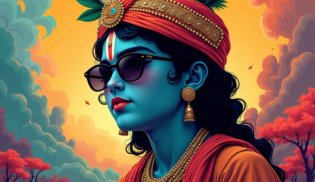 Create a poster of lord krishna in hiphop swag with black stylish black eye glass