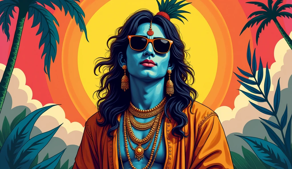 Create a poster of lord krishna in hiphop swag with black stylish black eye glass