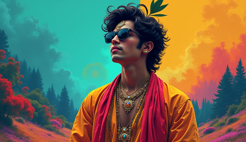 Create a poster of lord krishna in hiphop swag with black stylish black eye glass
