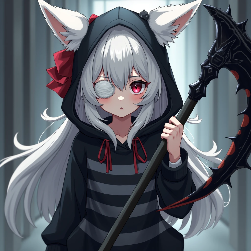 A girl waring black sweater with gray horizontal
stripes with black hood, caro skirt and have white long hair with red bow in, have white kitsune ears, white kitsune ears, A white fur bandage covers one eye holding a demon scythe