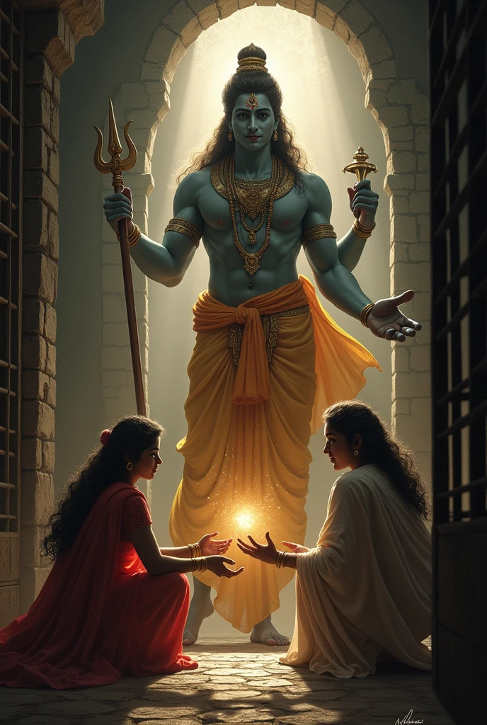 Lord Vishnu is blessing with his hands the newly born son of Devaki and father Vasudev in prison of cell