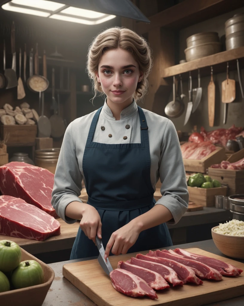Realistic 21 yo Beautiful friendly and happy Traditional Market female vendors [Elizabeth II:Maude Adams:0.45], butcher section, butcher dagger, butcher apron, detailed face, perfect face, perfect eyes, symmetric eyes, insanely detailed and intricate, ultra sharp focus, cinematic scene by Tim Burton, professional masterpiece photo realistic digital artwork by Frank Bellamy, artistic scene by Tim Burton, directional lighting, octane render, professional lightroom color grading by Mark McGee