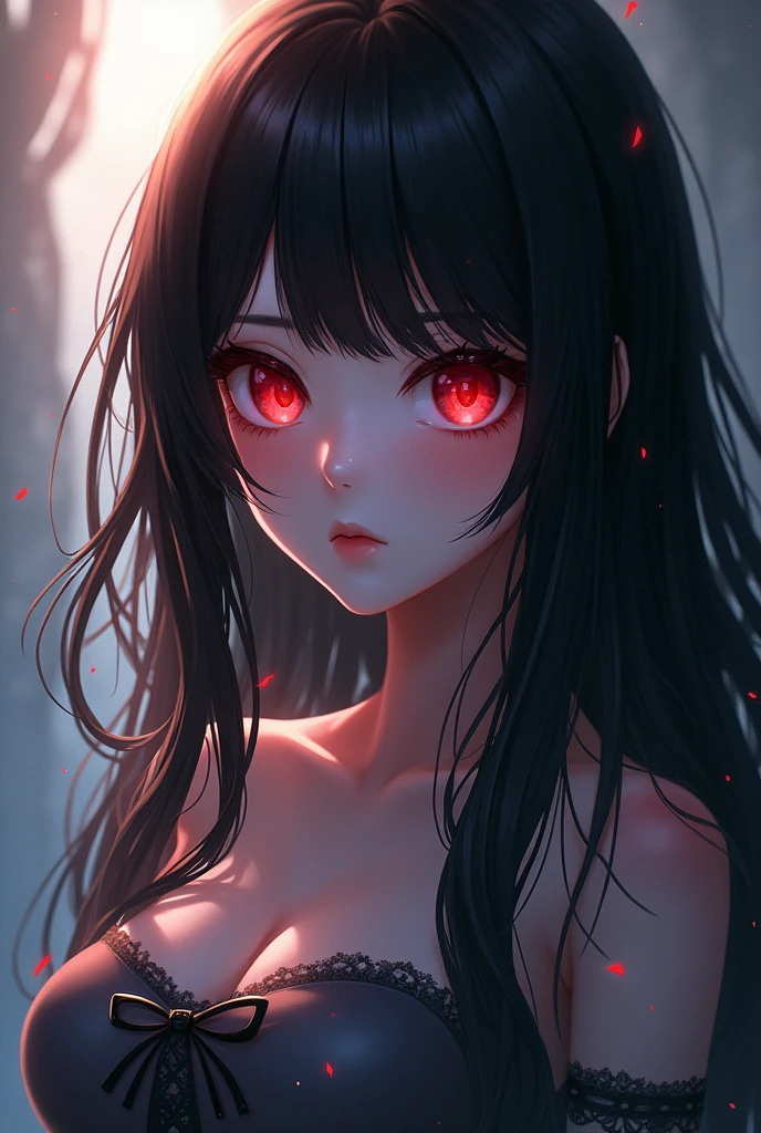 anime girl with red eyes and long black hair