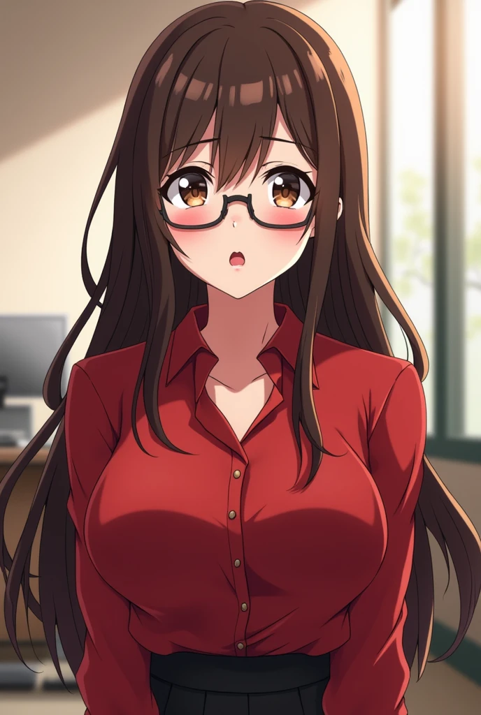 Create an anime character with big boobs, Playful, but shy, which turns into pain, She, should be, long dark brown hair., Dark brown eyes, juicy lips, oval, plump face, glasses secretary, and red clothes.