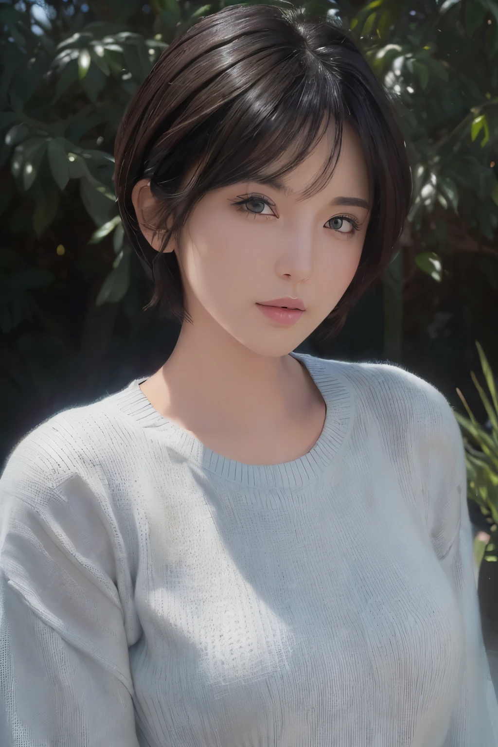 (masterpiece:1.3), (8k, photorealistic, RAW photo, best quality: 1.4), (1girl), beautiful face, (realistic face), (black hair, short hair:1.3), beautiful hairstyle, realistic eyes, beautiful detailed eyes, (realistic skin), beautiful skin, (sweater), absurdres, attractive, ultra high res, ultra realistic, highly detailed, golden ratio