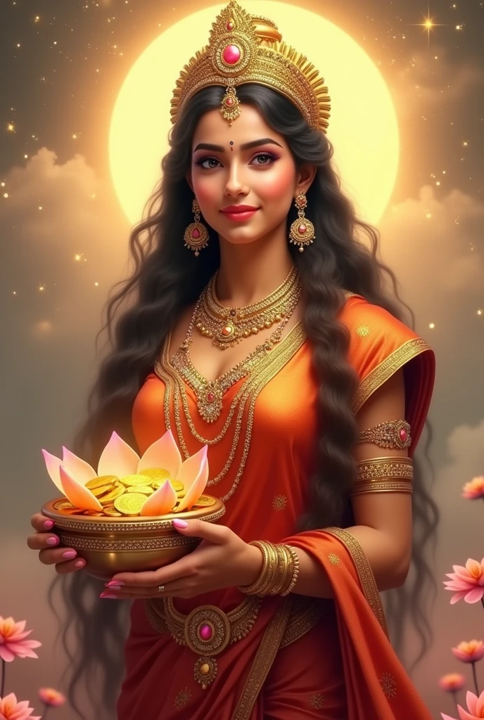 "Create an ultra-realistic image of Goddess Lakshmi, the epitome of beauty and prosperity, holding a pot full of golden coins and a blooming lotus. She should be depicted with radiant, flawless skin, glowing with a divine light. Her face should be exquisitely beautiful, with large, almond-shaped eyes filled with kindness and grace, a perfectly shaped nose, and serene lips forming a gentle, welcoming smile. Her long, dark hair should cascade down in soft waves, adorned with a delicate crown or headdress intricately designed with jewels.
Goddess Lakshmi should be dressed in a richly embroidered saree in vibrant shades of red and gold, symbolizing wealth and auspiciousness. Her jewelry should be luxurious, including layered necklaces, earrings, and bangles that sparkle with divine light. In one hand, she should hold a beautifully decorated pot overflowing with golden coins, symbolizing abundance and prosperity. In the other hand, she should hold a blooming lotus, representing purity, beauty, and spiritual enlightenment.
The background should feature a serene, celestial setting, perhaps with a golden glow and soft, ethereal light surrounding her. The atmosphere should exude a sense of peace, prosperity, and divine grace, capturing the essence of Goddess Lakshmi’s beauty and the blessings she bestows."