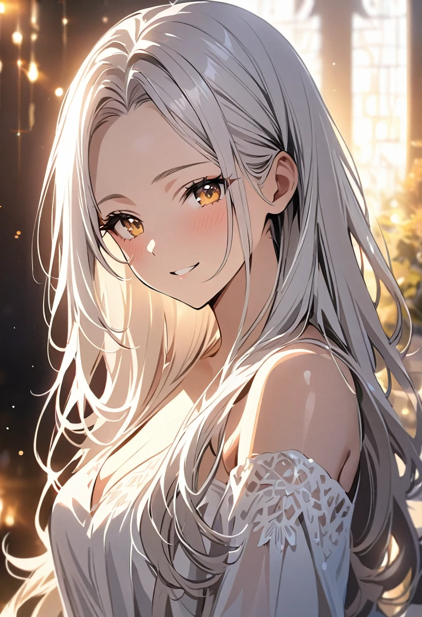 best quality, masterpiece,white hair, gold eyes,white holy dress, upper body,hair strand,Fair skin, long hair, forehead, gorgeous girl, warm lighting, adorable smile