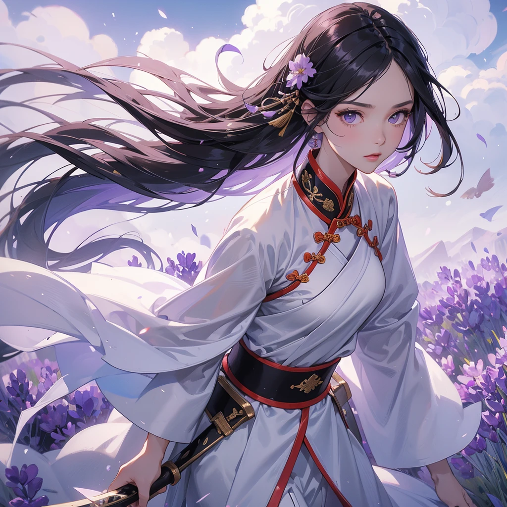 beautiful woman black-haired general holding a large sword in white ancient Chinese general costume, walking In the middle of lavender fields , Surrounded by lavender fields, purple,  low clouds, close up.