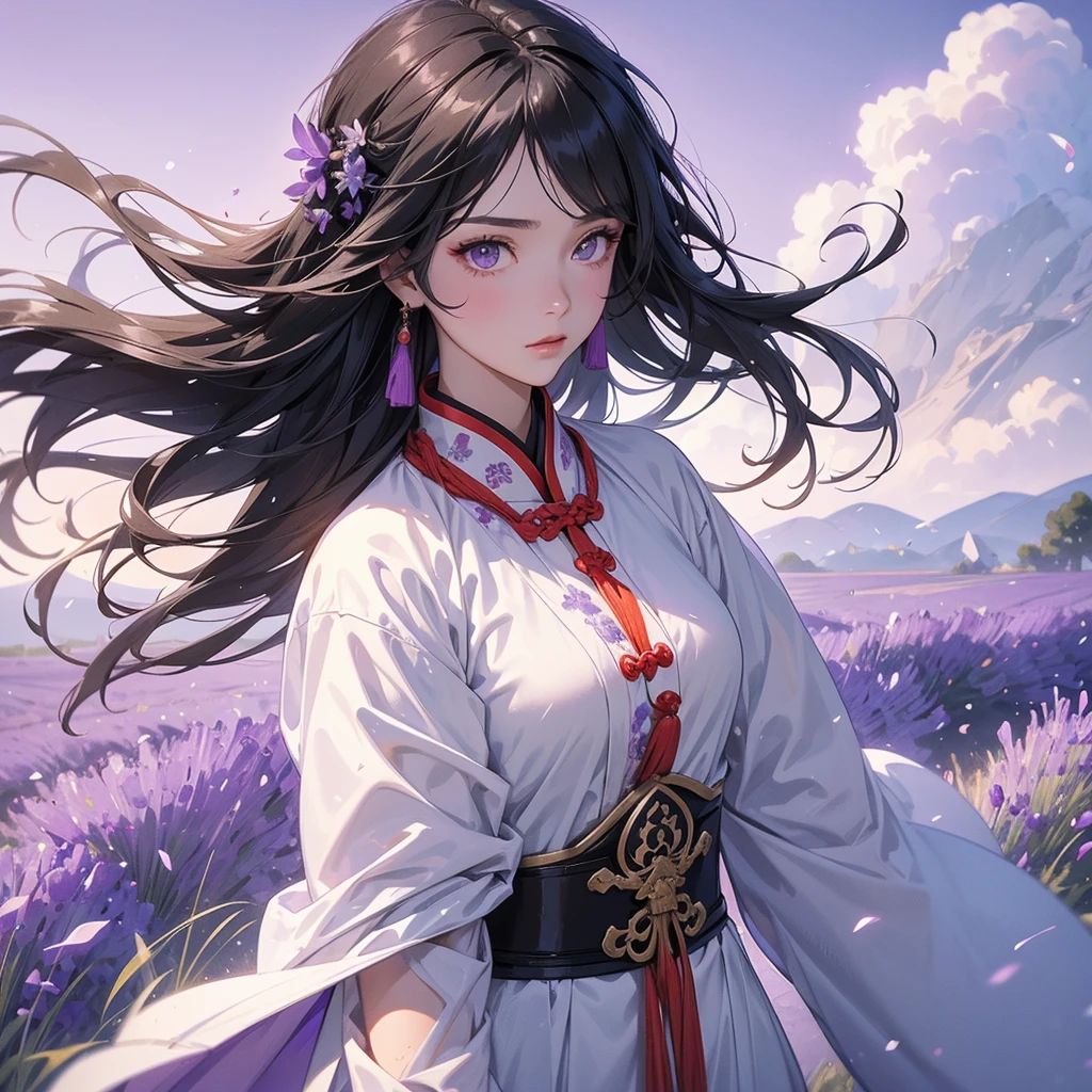 beautiful woman black-haired general holding a large sword in white ancient Chinese general costume, walking In the middle of lavender fields , Surrounded by lavender fields, purple, low clouds, close up.