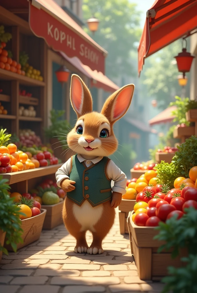 An adult rabbit selling fruits and vegetables in his fruit shop