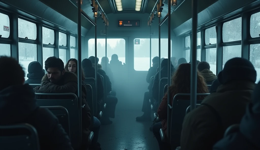 A bus interior with a temperature dropping visibly, showing a breath of cold air.**