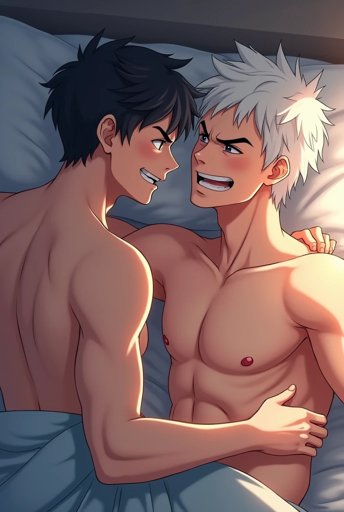 Two gay anime men, passionately kissing with tongue, intimate and loving moment, detailed faces, natural pose, sitting on lap, having romantic gay sex, emotional and tender expression, well-defined features, correct anatomy, background blurred to focus on the couple.