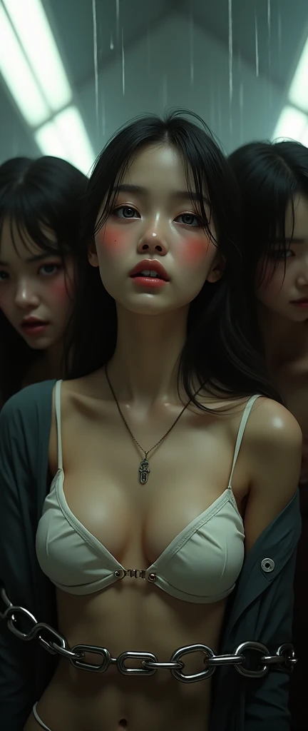 (32K:1.9, Horror expression:1.9, Highest quality, masterpiece, Ultra-high resolution), Professional random camera work, Perfect dynamic composition, Highly detailed skin and facial textures, Detailed eyes, Detailed limbs, The Darkest Dungeon, cute, Sexy and slim Japanese woman, Fair skin, Tilt your head, (5 Zombies:1.7, Zombie touching a woman:2.0, Raindrops falling from the ceiling:1.5), (Huge breasts about to burst, areola is not visible, Big cleavage, A look of despair:1.3, Expression of despair:1.3, Totally captivates you, Pure white camisole dress:1.5), Beautiful Blue Eyes, Beautiful erotic eyes, Sexy Face, blush, Beautiful sensual atmosphere, ((Bloody:1.9, Covered in bruises:1.9, Lots of big chains:1.9, Crucified:1.9, Countless chains tangled in clothes:1.9, His right arm is attached to a cross:1.9, The left arm is attached to a cross:1.9, Both hands are chained、Tied tightly to the cross, The right leg is bound with a shackle and chain:1.9, The left leg is bound with a shackle and chain:1.9)), (Too erotic)