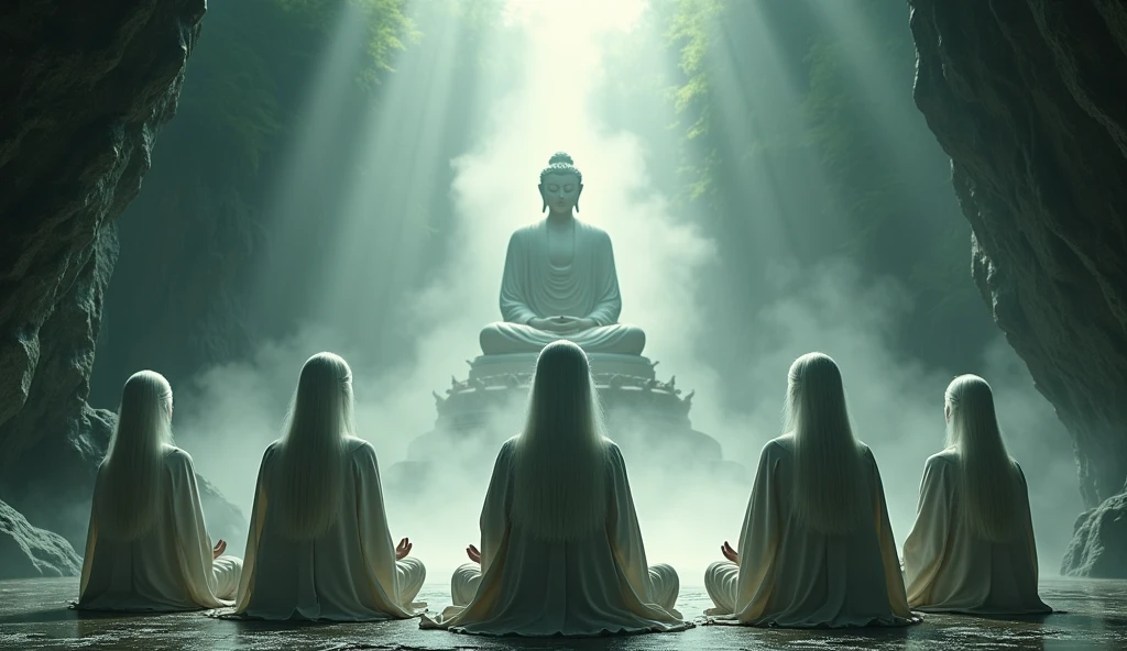 (wide angle shot, far away shot) , A group of woman in Asian Taoism, sitting in cave front of big buddha statue, with long white hair, sitting cross-legged, hands up on both knees. Taoism, wearing a gray robe, miraculous aura, Taoist master, lush landscape, dark green, plum blossom in cave, god ray light from above, fog