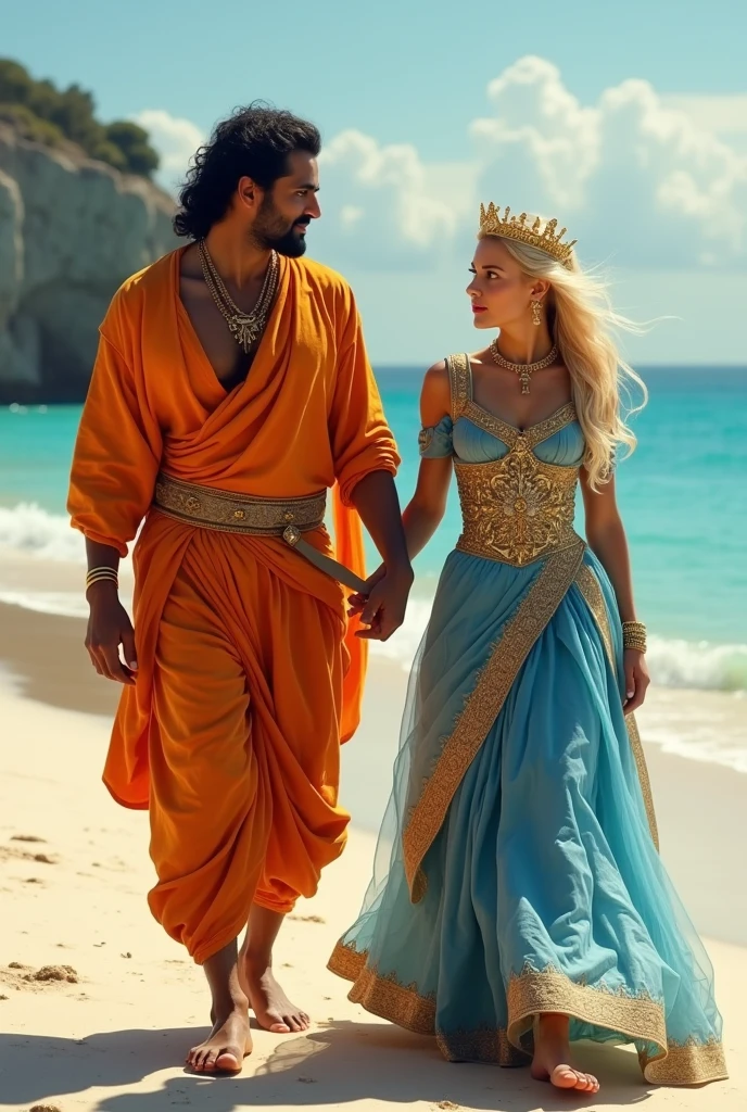 An Indian man wearing an orange dhoti and a blonde skin Portuguese princess wearing a blue and gold dress with a gold crown The portuguese blonde skin girl and the Indian man are holding the hand of the Portuguese princess They are both walking looking at the camera In the background is a beach with white sand and blue water. The image is in a romantic style, with soft lighting and a dreamy atmosphere