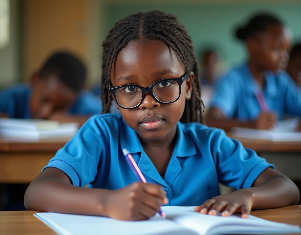Developing cultural and intellectual skills, education according to the curricula prescribed for students , receiving information in the classroom, a close-up picture of a african student with glases wearing a blue uniform sitting on a school desk, performing school assignments