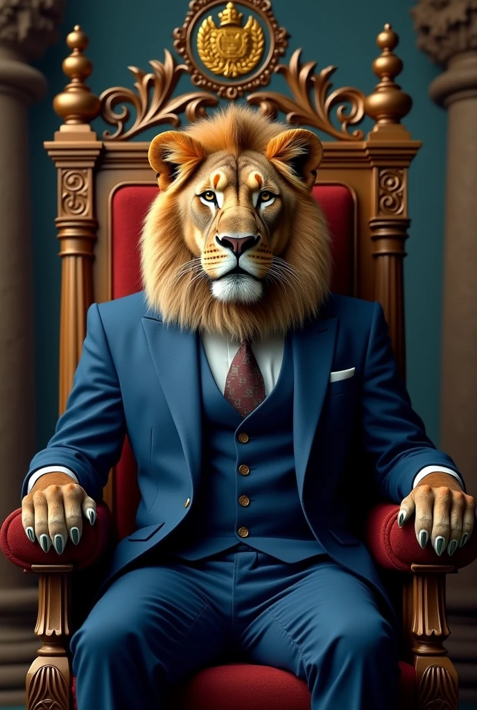 A lion in a blue suit sitting on a throne with the Armenian symbolism written above his head. " LION "
