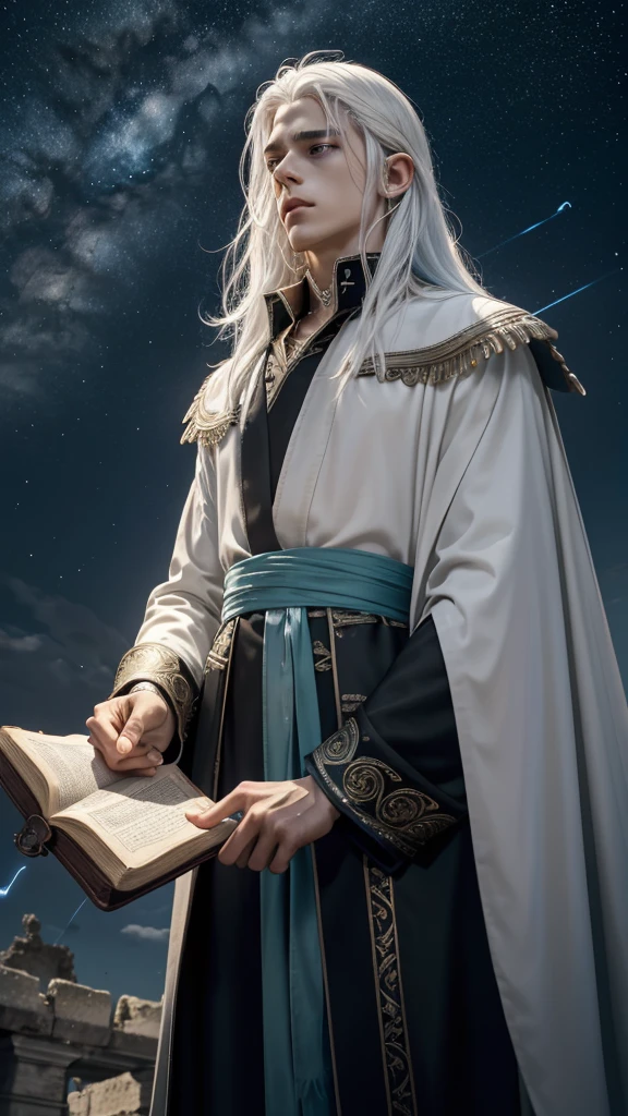 Exorcising evil spirits in ancient ruins17A wise young man about his age、Neutral boy、
White hair and sky blue mesh hair、Waist-length hair、Loose waves in black hair、side hair、Tie it to the back with a green string、From the waist up、Blue Eyes、Looking sadly at the sky、silver ear cuff、Necklace with blue gemstones and fine engraving、choker、Hair dancing in the wind、(((In his right hand he holds a spellbook engraved with a crimson red pentagram.)))、Staring at the sky, I chant a spell、Open your mouth、((A dazzling light shoots out from the spellbook into the sky.))、Intricate and elegant embroidered innerwear in black and gold、A coat with fluffy white feathers on the collar、Coat fluttering in the wind、White feathers flying in the air、Left hand pointing straight up towards the sky、A small pale light emerges from my fingertips, forming an arrow of light that shoots through the heavens.、Dark sky、lightning、Super wide shot of gazing into the sky、Focus on people、masterpiece, best quality, ultra detailed, insanely detailed, exquisite, beautiful, 16K, highres