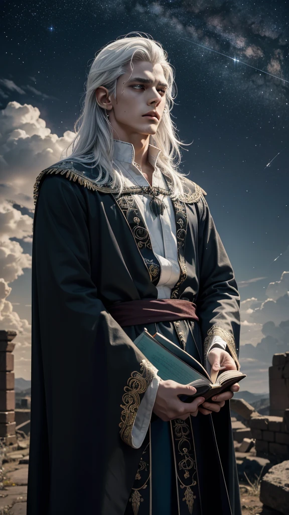 
Exorcising evil spirits in ancient ruins１７A wise young man about his age、Neutral boy、
White hair and sky blue mesh hair、Waist-length hair、Loose waves in black hair、side hair、Tie it to the back with a green string、From the waist up、Blue Eyes、Looking sadly at the sky、silver ear cuff、Necklace with blue gemstones and fine engraving、choker、Hair dancing in the wind、(((In his right hand he holds a spellbook engraved with a crimson red pentagram.)))、Staring at the sky, I chant a spell、Open your mouth、((A dazzling light shoots out from the spellbook into the sky.))、Intricate and elegant embroidered innerwear in black and gold、A coat with fluffy white feathers on the collar、Coat fluttering in the wind、White feathers flying in the air、Left hand pointing straight up towards the sky、A small pale light emerges from my fingertips, forming an arrow of light that shoots through the heavens.、Dark sky、lightning、Super wide shot of gazing into the sky、Focus on people、masterpiece, best quality, ultra detailed, insanely detailed, exquisite, beautiful, 16K, highres