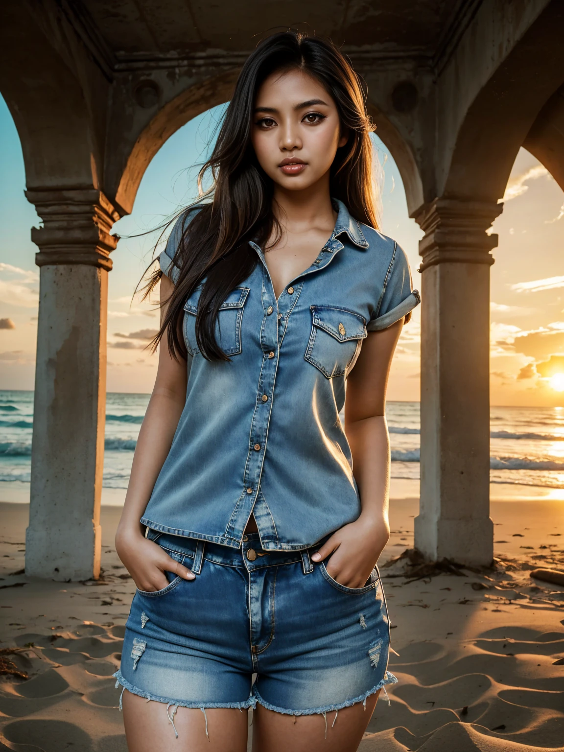 (SFW, Beautiful aesthetic sexy Malaysian|Filipina female model:1.3), thicc hourglass figure, wearing denim shorts and shirt, long messy hair, beach ruins at sunrise, soft fill lighting, freckles, perfect eyeliner and eyeshadow