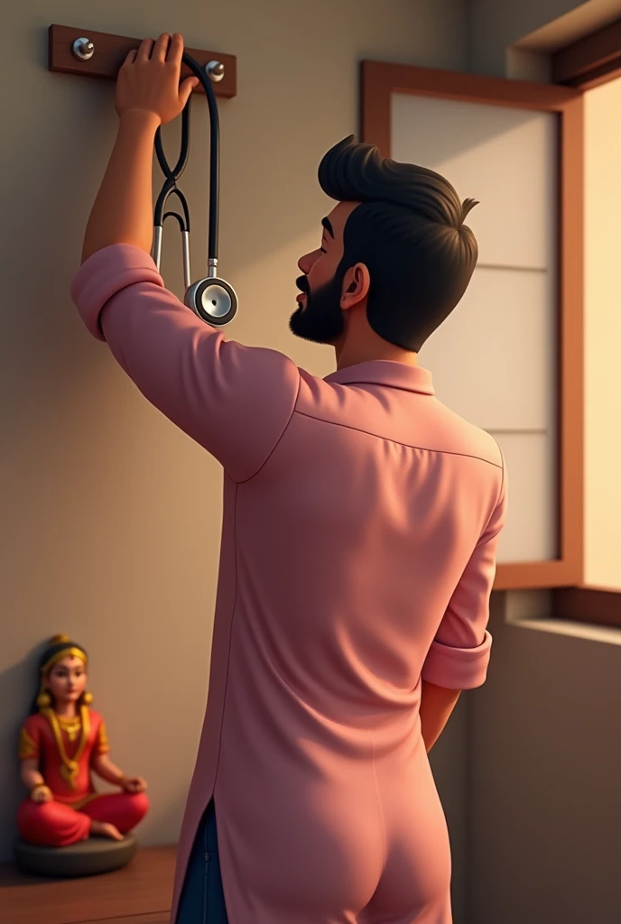 30 years Indian young man is picking up his stethoscope from the hanger at his house. He has light beard, he wears light pink shirt. His backside should be displayed. Goddess durga small standing idol is also there.