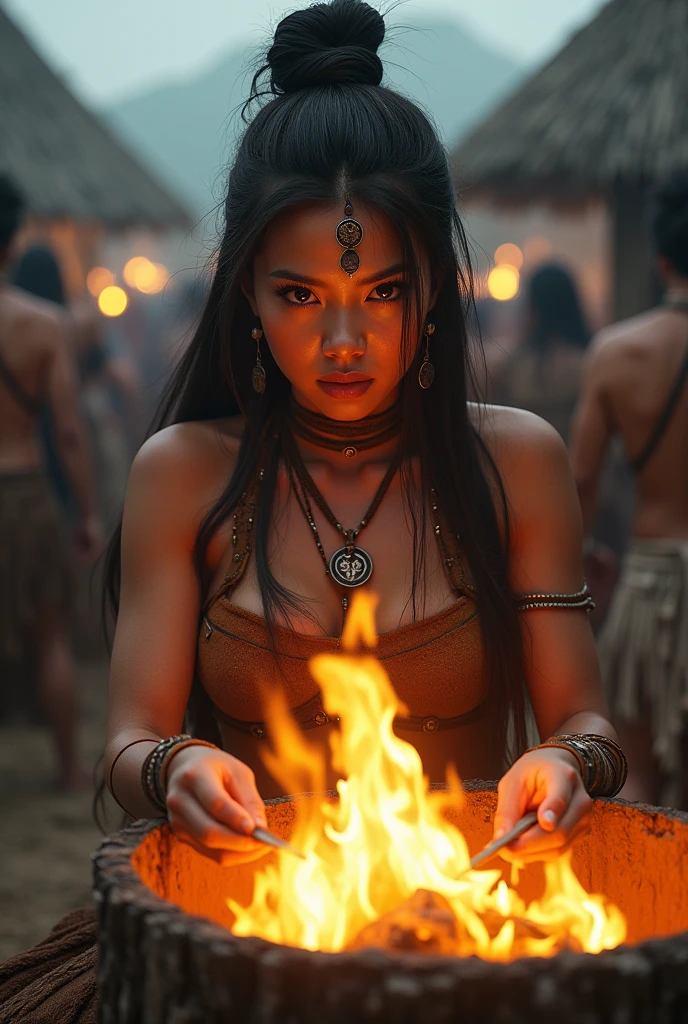 a female barbarian warrior in a korean tribal feast, beautiful detailed eyes, beautiful detailed lips, extremely detailed eyes and face, long eyelashes, muscular body, holding a weapon, wearing tribal jewelry and clothing, surrounded by barbarian tribesmen feasting, large fire pit, hut structures in background, moody dramatic lighting, cinematic composition, detailed fantasy digital art, muted color palette, high contrast