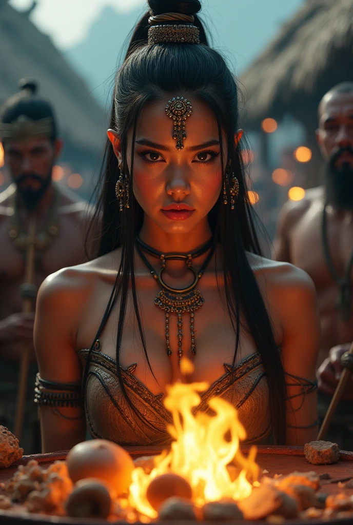 a female barbarian warrior in a korean tribal feast, beautiful detailed eyes, beautiful detailed lips, extremely detailed eyes and face, long eyelashes, muscular body, holding a weapon, wearing tribal jewelry and clothing, surrounded by barbarian tribesmen feasting, large fire pit, hut structures in background, moody dramatic lighting, cinematic composition, detailed fantasy digital art, muted color palette, high contrast