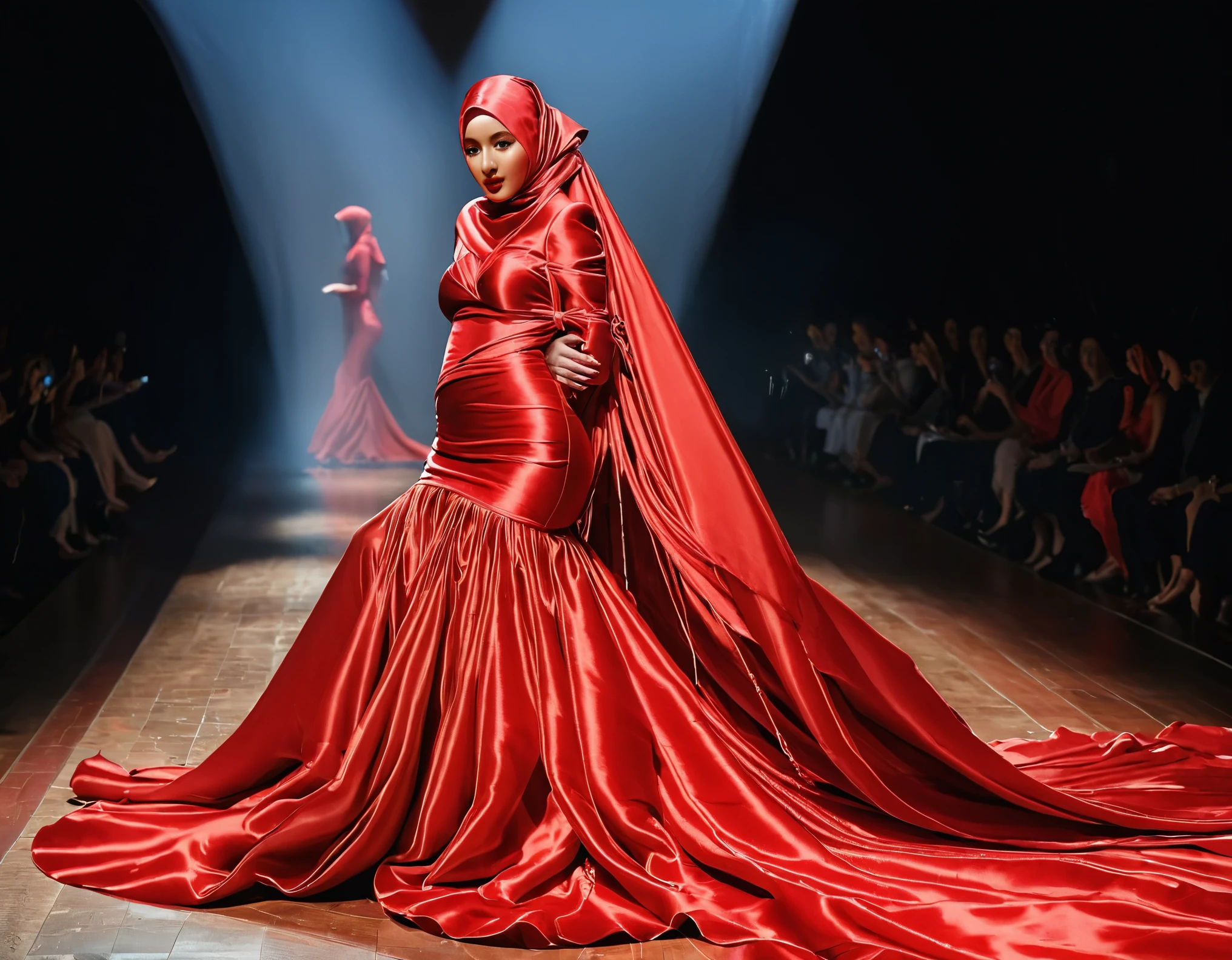 A woman shrouded in a 8-meter-long, plush red satin cloth, tightly bound and grandly draping along the form of her body, flowing off into a pooled floor-length train, styled in a mermaid-inspired outfit with very long train outfit, her head modestly veiled in a satin hijab, tall woman, walk on stage, in fashion show, a full-body pose conveying a sense of mysterious elegance, captured in a 4k resolution, ultra-realistic