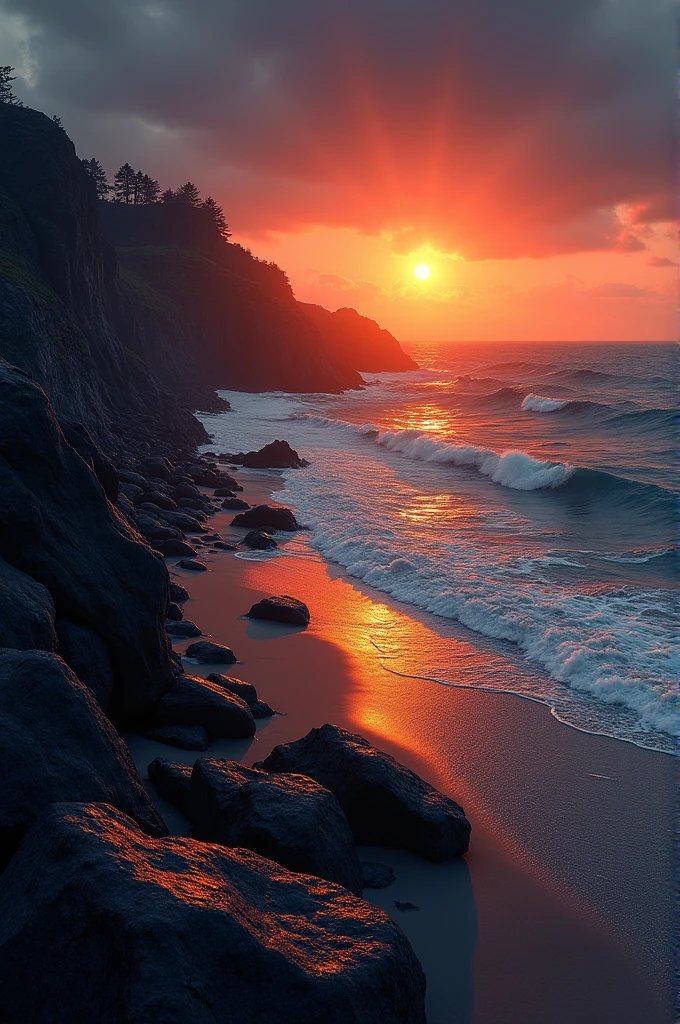 Beach landscape with rocks, where the sun is orange and the sky is somewhat dark 