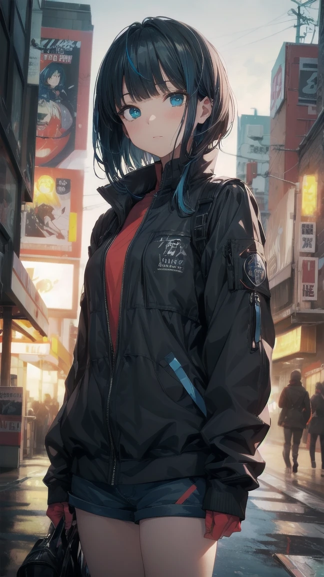 Anime character with gun and black jacket, artwork in the style of Gwaiz, Anime Style 4k yen, Gwaiz, Anime Style. 8k, Gwaiz on artstation pixiv, Gwaiz on pixiv artstation, Ilya Kuvshinov. 4k yen, 4k anime wallpaper, Cyberpunk anime, High quality anime art style, Jinx Face, Wolf Cut, short hair, hot pants, Small breasts, ((Black Hair, Inner bright blue hair:1.4)), Pitch Resuit, rubber ,Nipples, tits, R18, Nipple piercing, Slanted Eyes, Ahegao