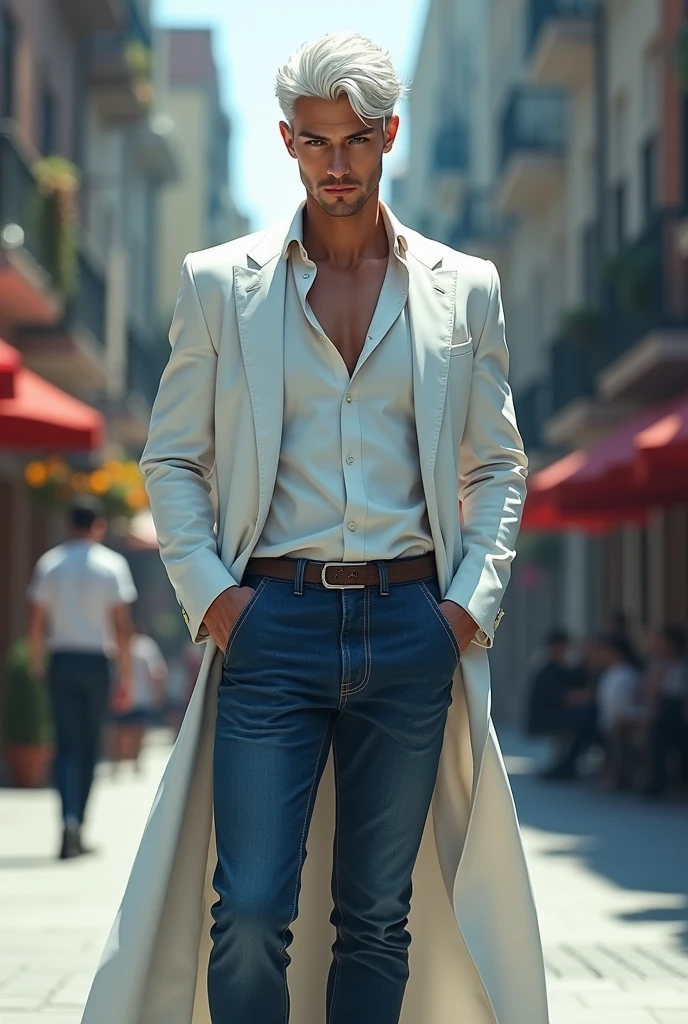 A strikingly handsome young man with snow-white hair stands tall, exuding an air of confidence and charm. He’s dressed in a sharp white suit, paired with a crisp white shirt that highlights his lean, athletic figure. The formality of his attire is balanced by casual yet stylish blue jeans, and his feet are clad in polished black cut shoes, their sleek design adding a subtle edge to his look. His piercing eyes, framed by his silver locks, reflect both intelligence and mystery. Whether he’s walking through a bustling city or caught in a quiet moment of reflection, his appearance commands attention, leaving those who see him captivated by his unusual yet magnetic presence.