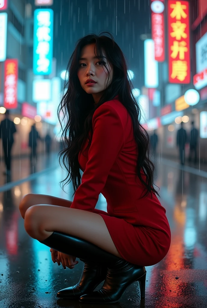 A beautiful asian woman, She is sitting in a pose. hands forward. Full length portrait. She is wearing a tight and short red suit. Black high boots. long black hair. She is in Akibahara, such, It&#39;s night, it&#39;s raining. Melancholy atmosphere. fashion editorial style. high contrast.