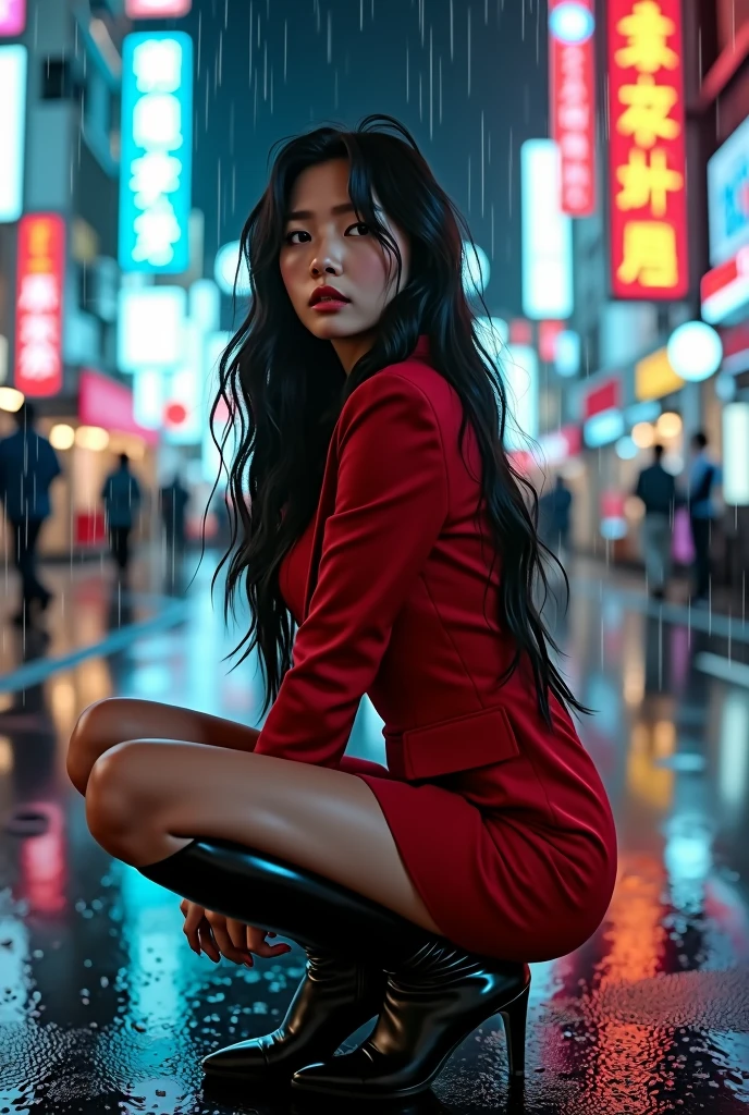 A beautiful asian woman, She is sitting in a pose. hands forward. Full length portrait. She is wearing a tight and short red suit. Black high boots. long black hair. She is in Akibahara, such, It's night, it's raining. Melancholy atmosphere. fashion editorial style. high contrast.