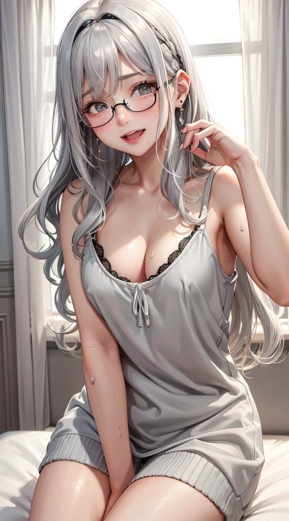 1Girl, Solo, Anime, Ideal body, down blouse, laced blouse, oversize, loose. (Small breast:1.1), (Hard nipples:1.1). Beautiful, Gorgeous, Fresh, Blunt Bangs, (White Grey Hair:1.5),(Straight and Wavy Long Hair:1.3), cardigan, camisole, casual, eyeglasses, mini skirt, stocking, Comfort, cotton Texture. (pose on bed:1.3). Earrings, Thin Black Headband, Green Accessories, Environmental Details, Bed Room, Natural Light, Modern Bed, Chair, Window, White Curtain, City View. pov, anime style, UHD, retina, masterpiece, accurate, anatomically correct, textured skin. High Resolution, Looking at the viewer, Blush, Best Quality, Award Winning, Accurate, Embarrassed, seductive smile, sweating, naughty smile, Naughty Face, Naughty, Gradient Eye Color, Sexy Pose. Cowboy Shot, open mouth, sweat, sticky sweat.